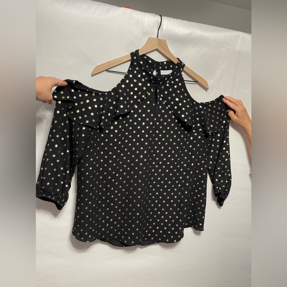 The Limited - open shoulder blouse with gold polka dots